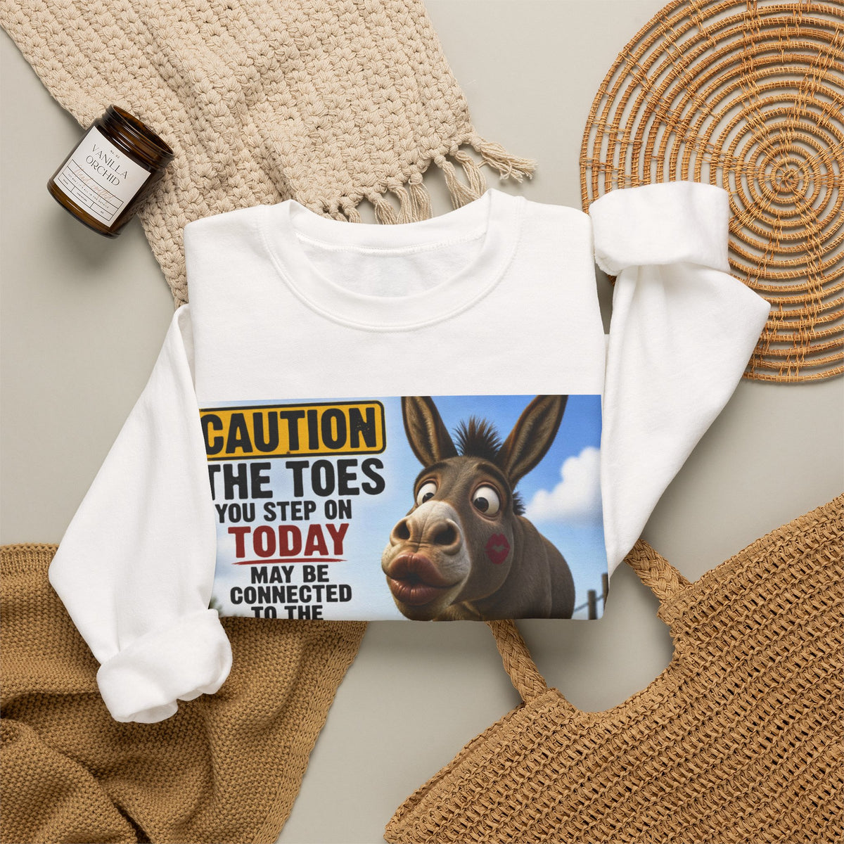 Donkey Kissing Joke Crewneck Sweatshirt – "Caution: The Toes" Graphic
