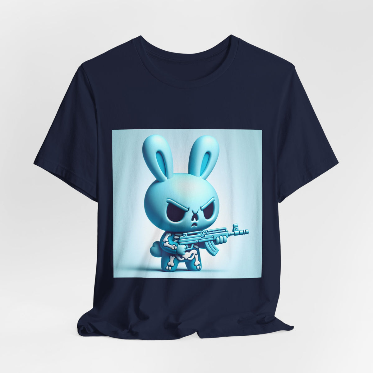 Angry Blue Bunny Tee — Cute Badass Cartoon Bunny with Rifle Graphic T-Shirt