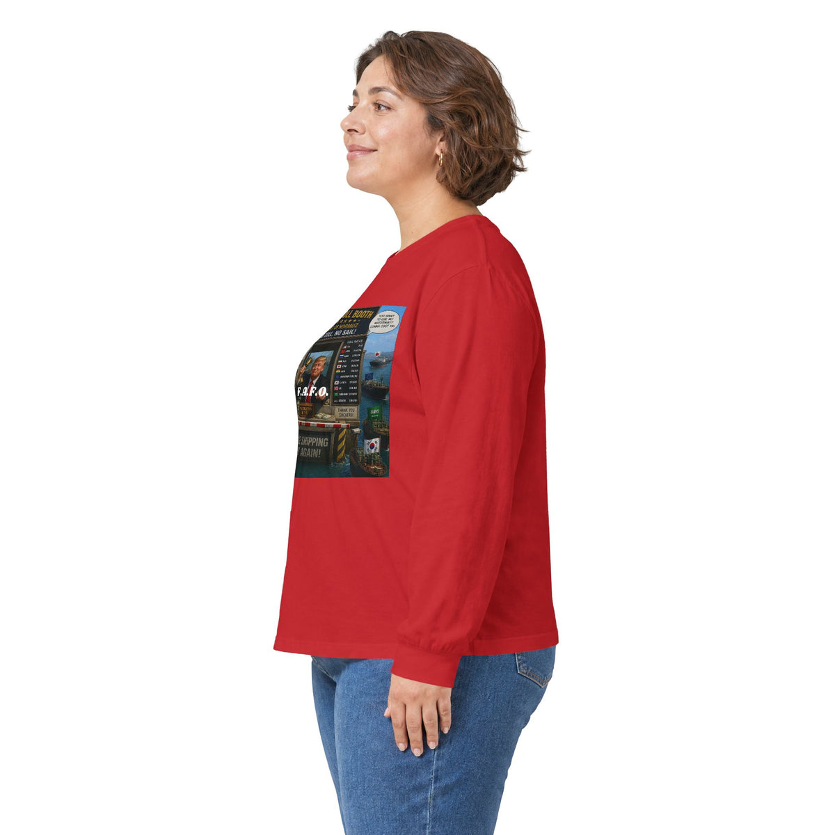 Long Sleeve Tee — Retro Arcade Collage "Trump Toll Booth" Design