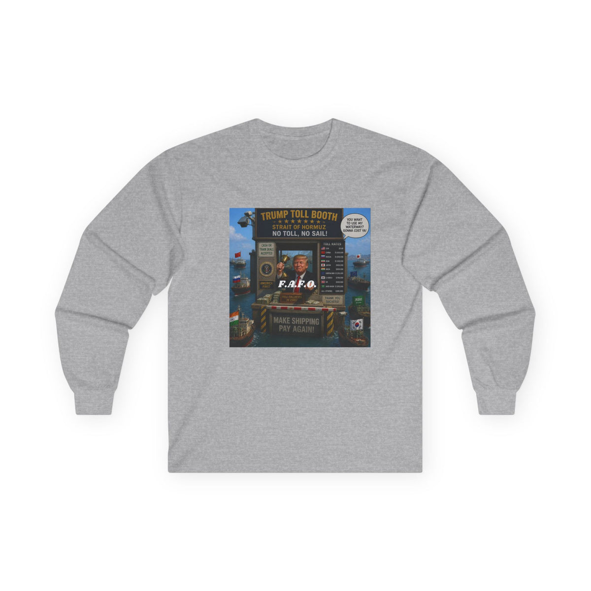 Long Sleeve Tee — Retro Arcade Collage "Trump Toll Booth" Design
