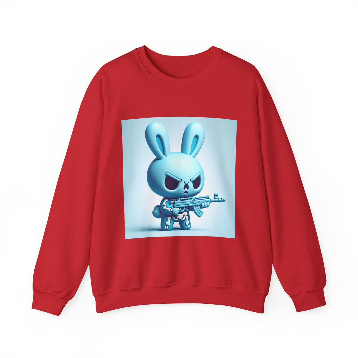 Bunny Soldier Crewneck Sweatshirt — Blue Cartoon Bunny with Rifle (The FAFO Society)