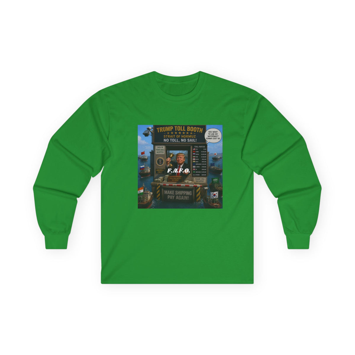 Long Sleeve Tee — Retro Arcade Collage "Trump Toll Booth" Design