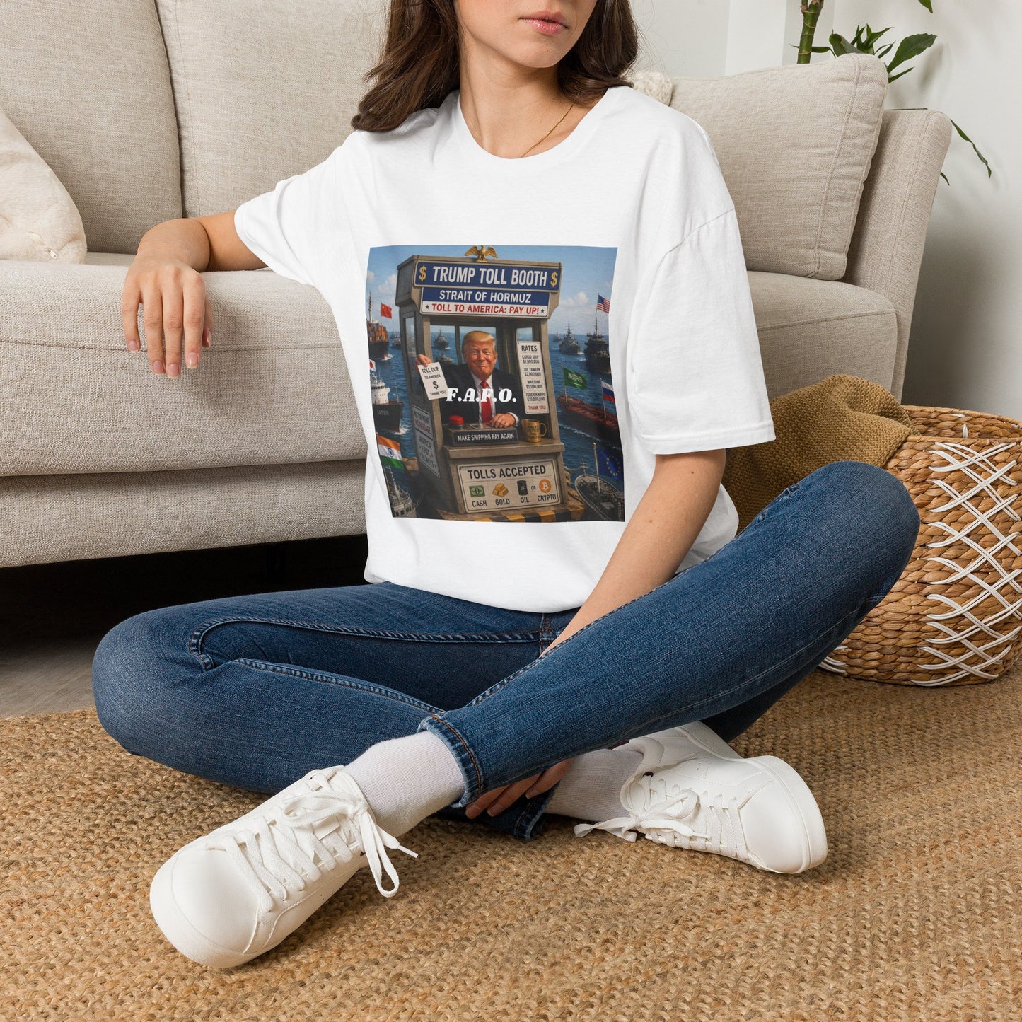 Political Satire Tee — "Trump Toll Booth" Strait of Hormuz Pay Toll to America Graphic
