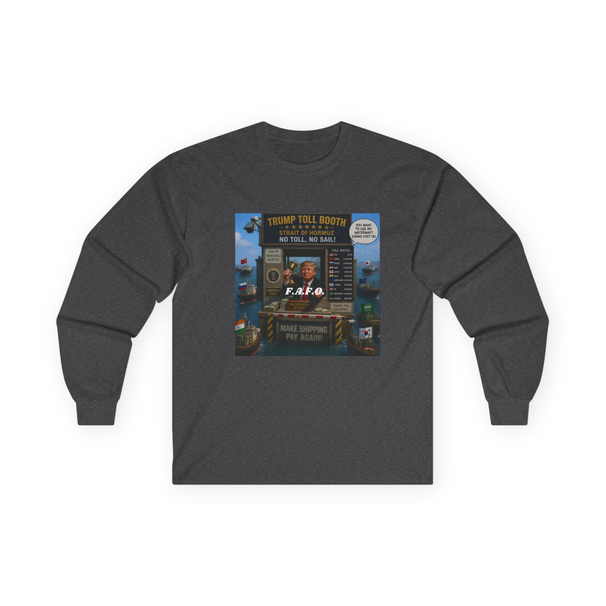 Long Sleeve Tee — Retro Arcade Collage "Trump Toll Booth" Design
