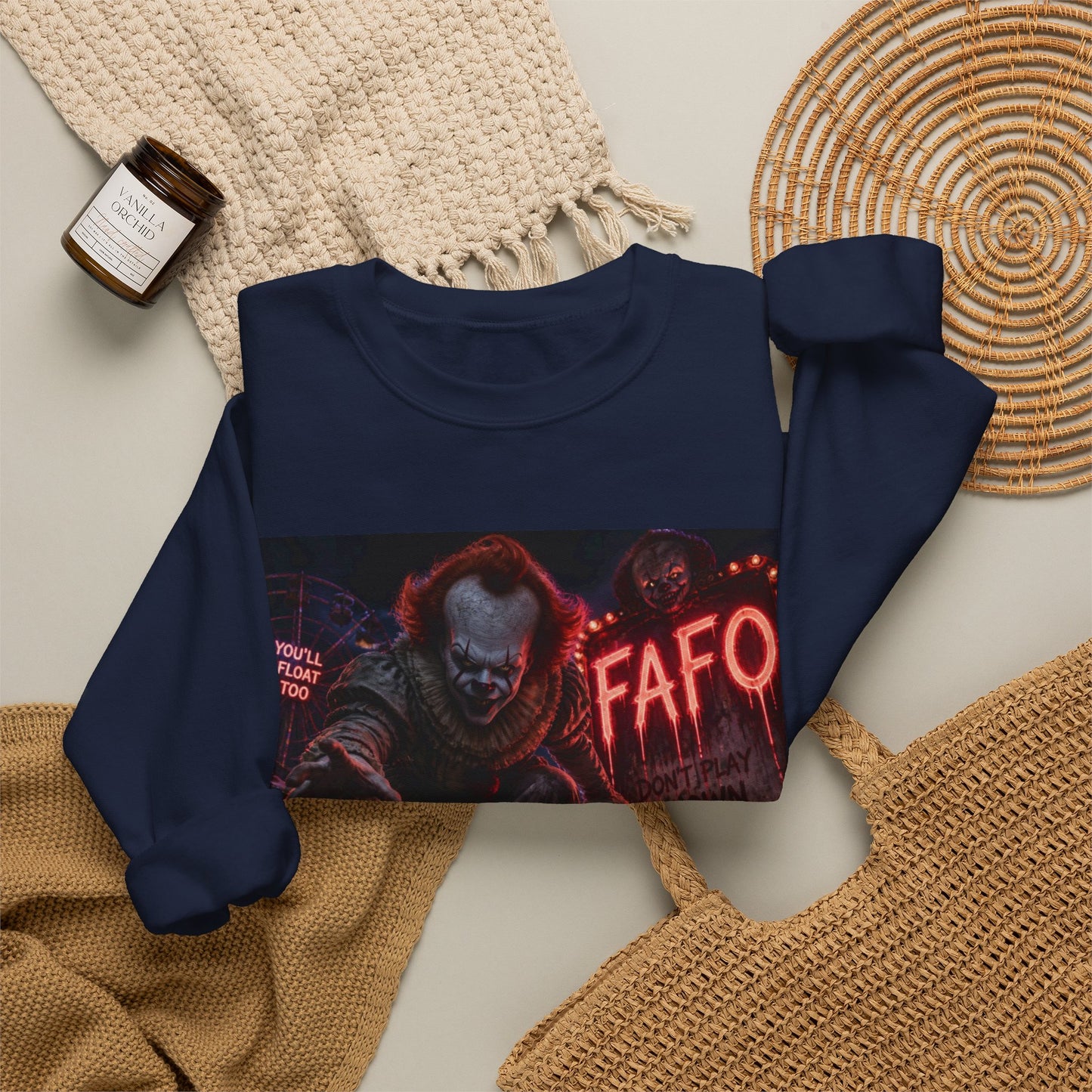 Horror Clown Crewneck Sweatshirt – Neon Carnival Pennywise Design