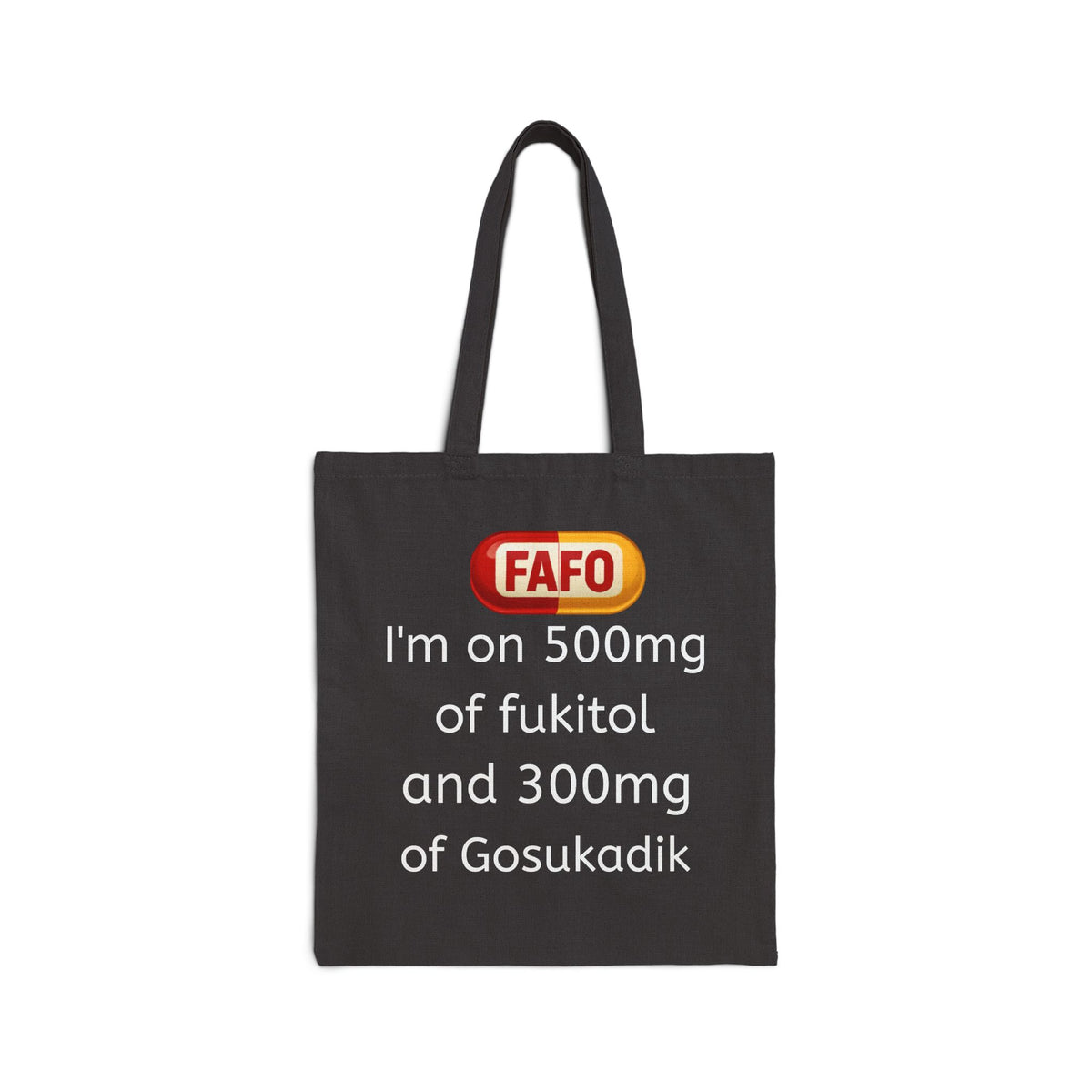 Funny Prescription Tote Bag – “I’m on 500mg of Fukitol and 300mg of Gosukadik” Cotton Canvas Tote
