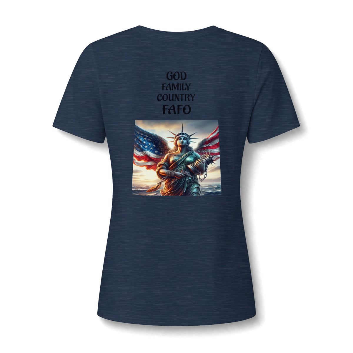 Liberty Statue American Flag V-Neck Tee - Patriotic Women's Graphic T-Shirt