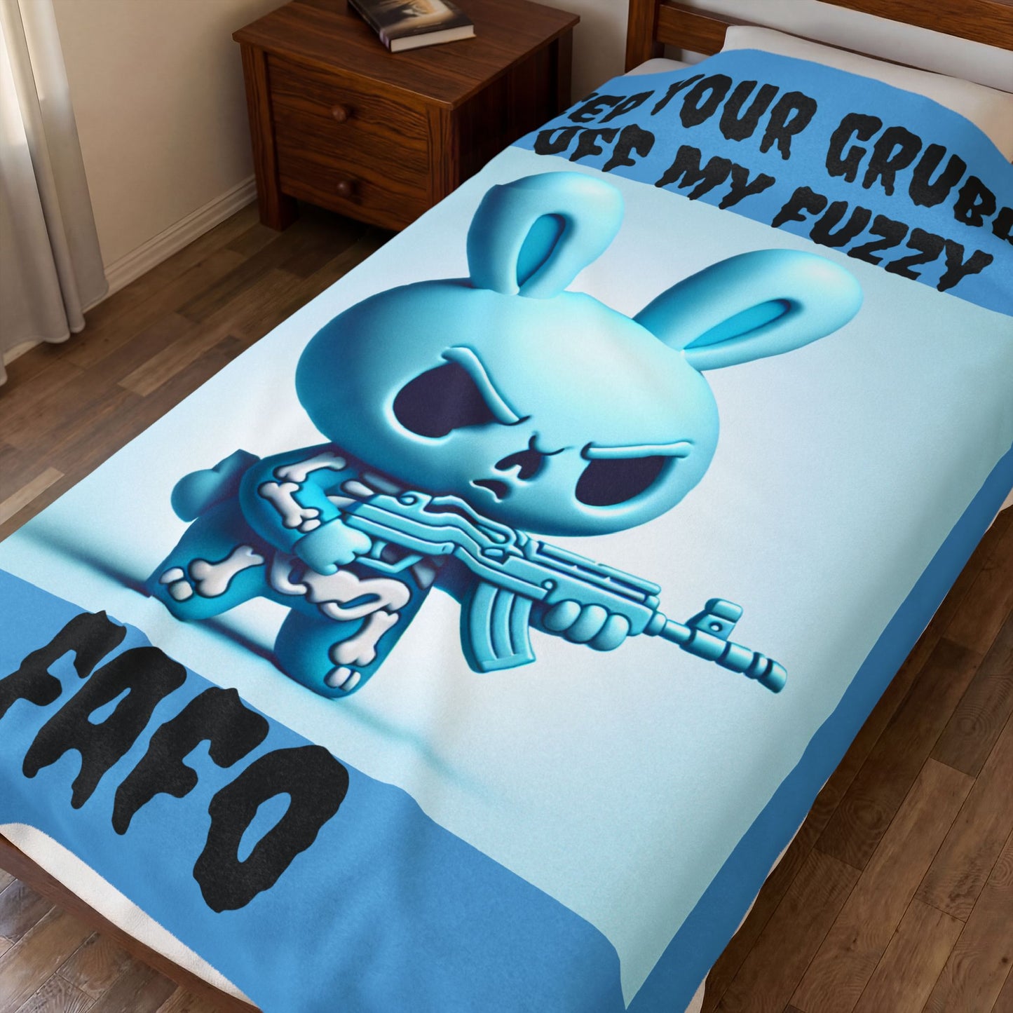 Plush Blanket — "Keep Your Grubbies Off My Fuzzy" Mean Bunny with Gun Graphic
