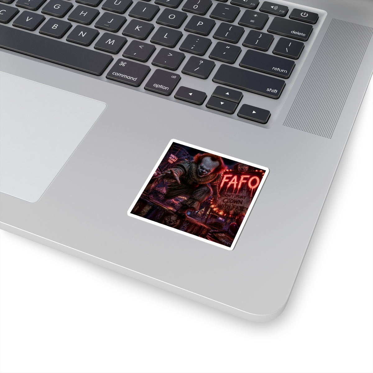 Horror Clown Kiss-Cut Sticker – 'You'll Float Too' Scary Carnival Decal