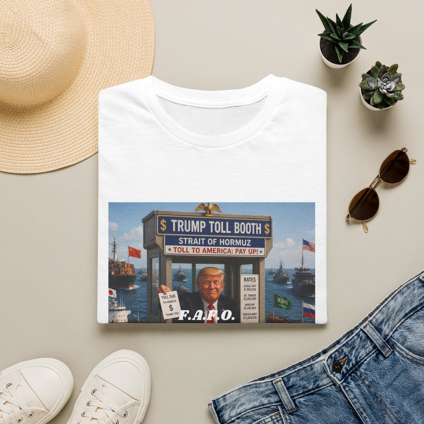 Political Satire Tee — "Trump Toll Booth" Strait of Hormuz Pay Toll to America Graphic