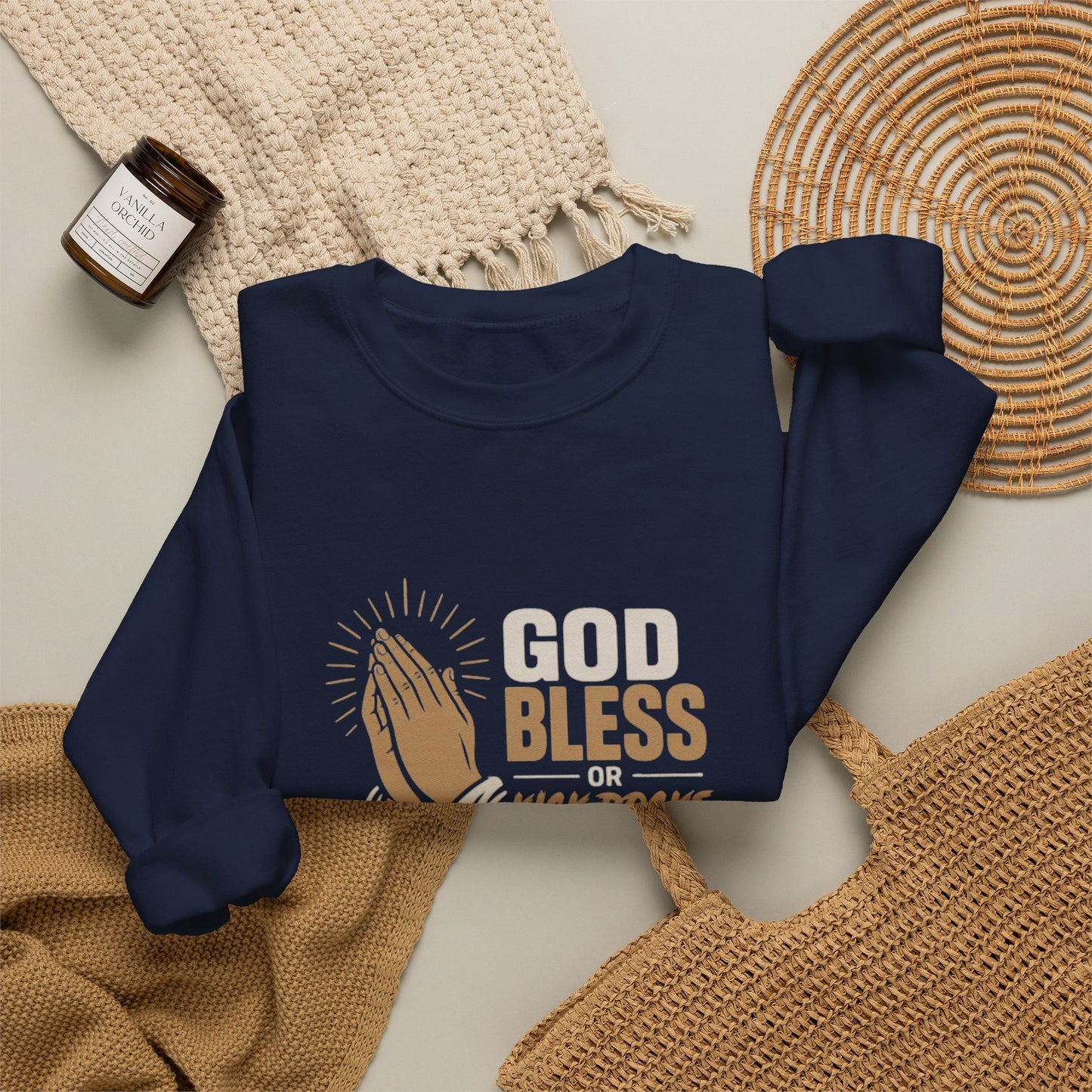 Prayer Hands Crewneck Sweatshirt — "God Bless" Faith Graphic Pullover