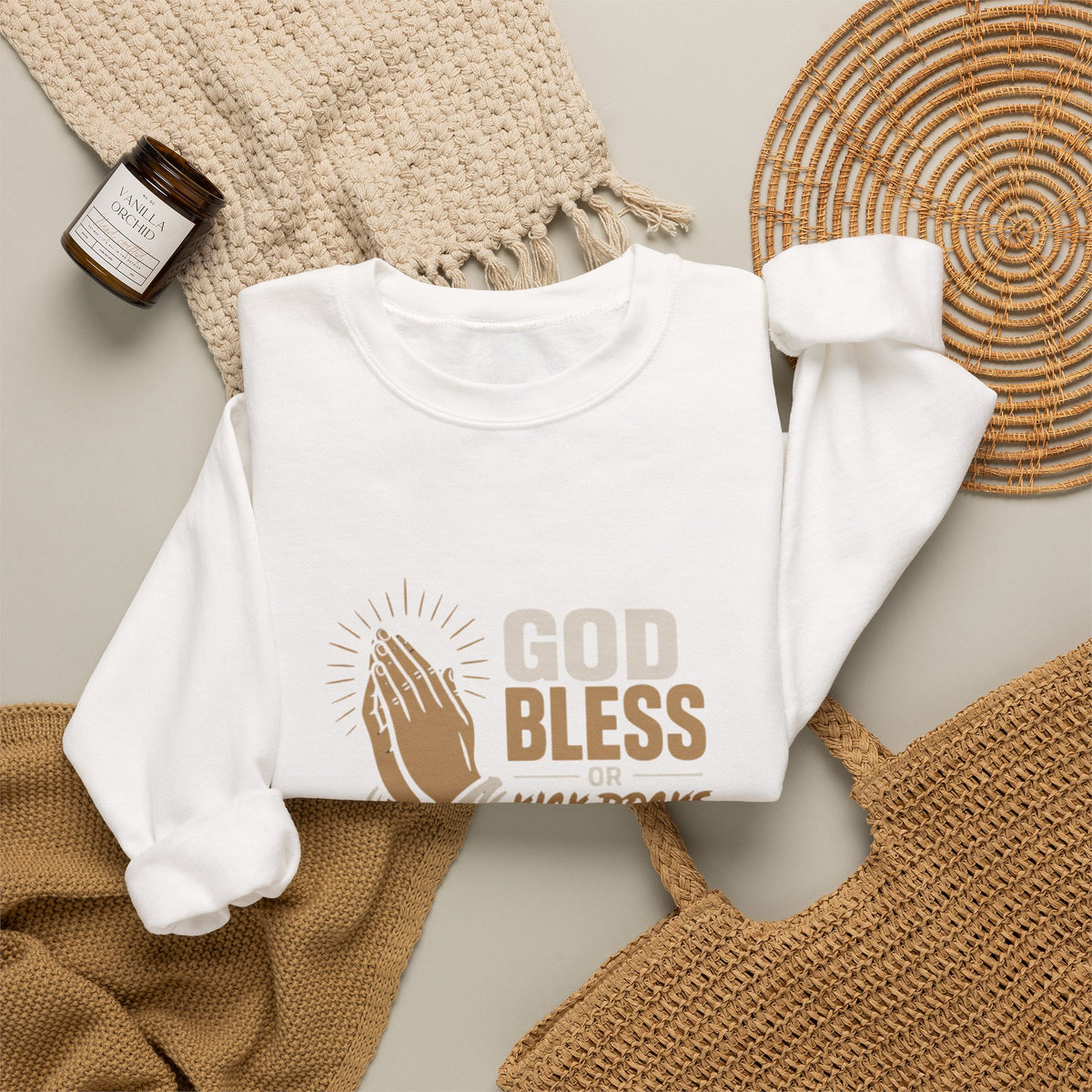Prayer Hands Crewneck Sweatshirt — "God Bless" Faith Graphic Pullover