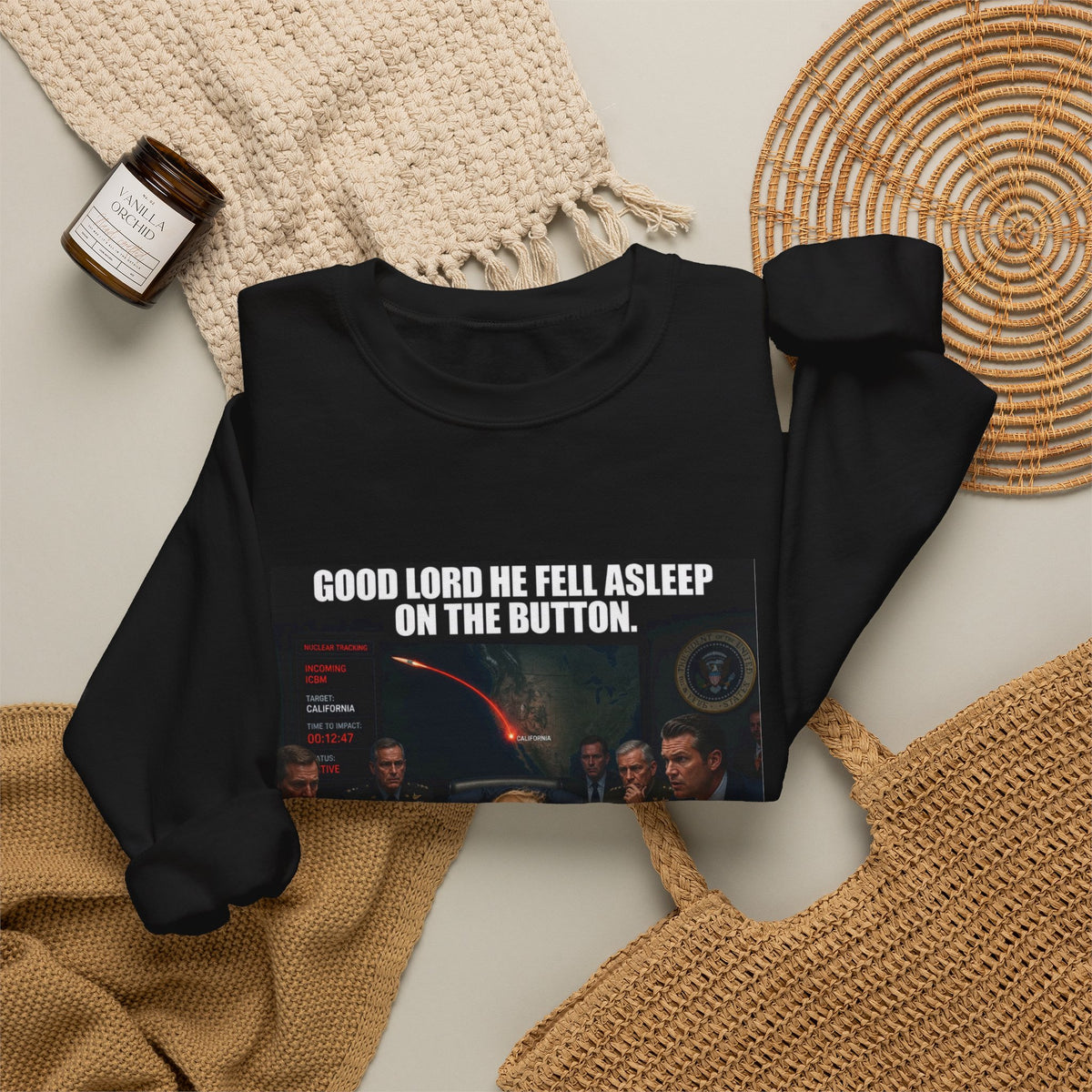 Crewneck Sweatshirt — “Good Lord He Fell Asleep on the Button” Political Meme Design