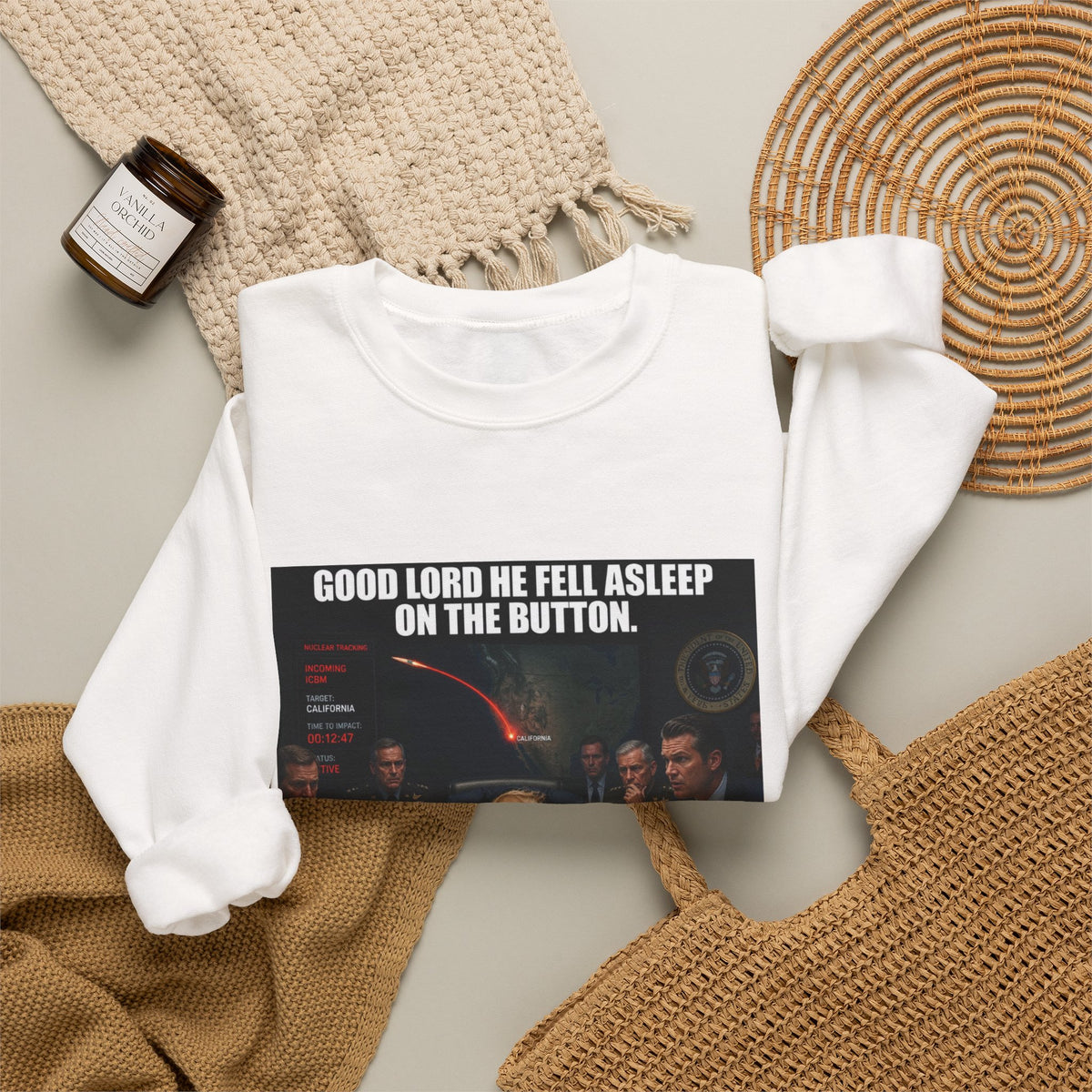 Crewneck Sweatshirt — “Good Lord He Fell Asleep on the Button” Political Meme Design