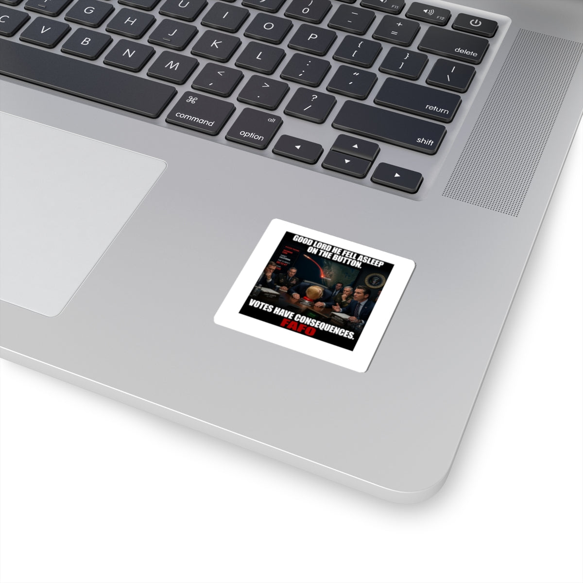 Political Meme Sticker — "Good Lord He Fell Asleep on the Button. Votes Have Consequences. FAFO"