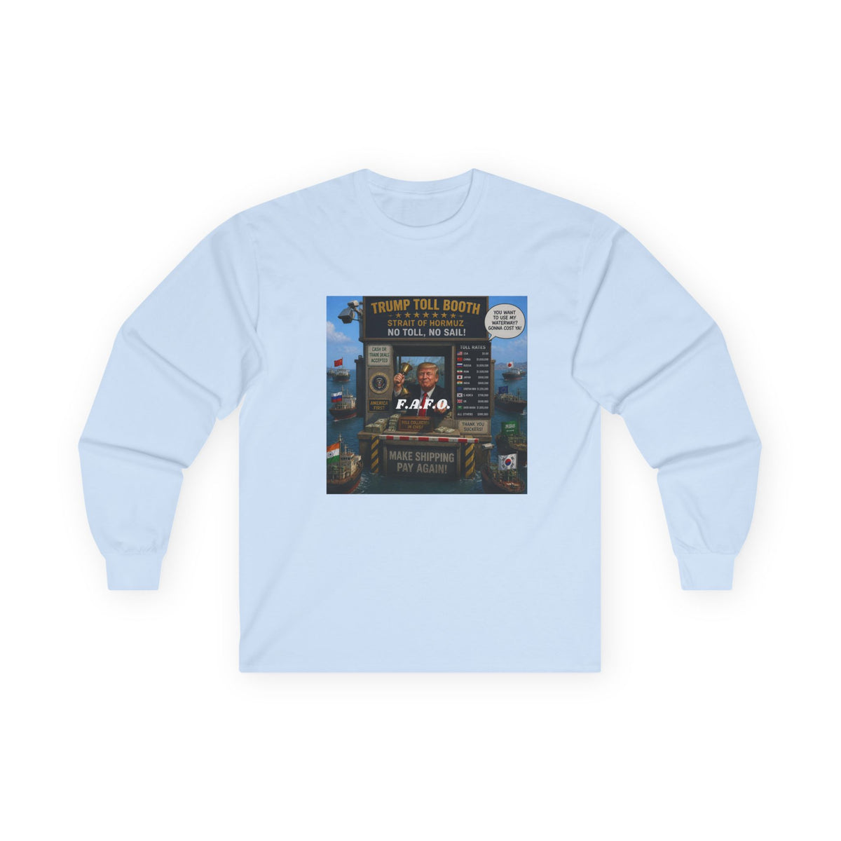 Long Sleeve Tee — Retro Arcade Collage "Trump Toll Booth" Design