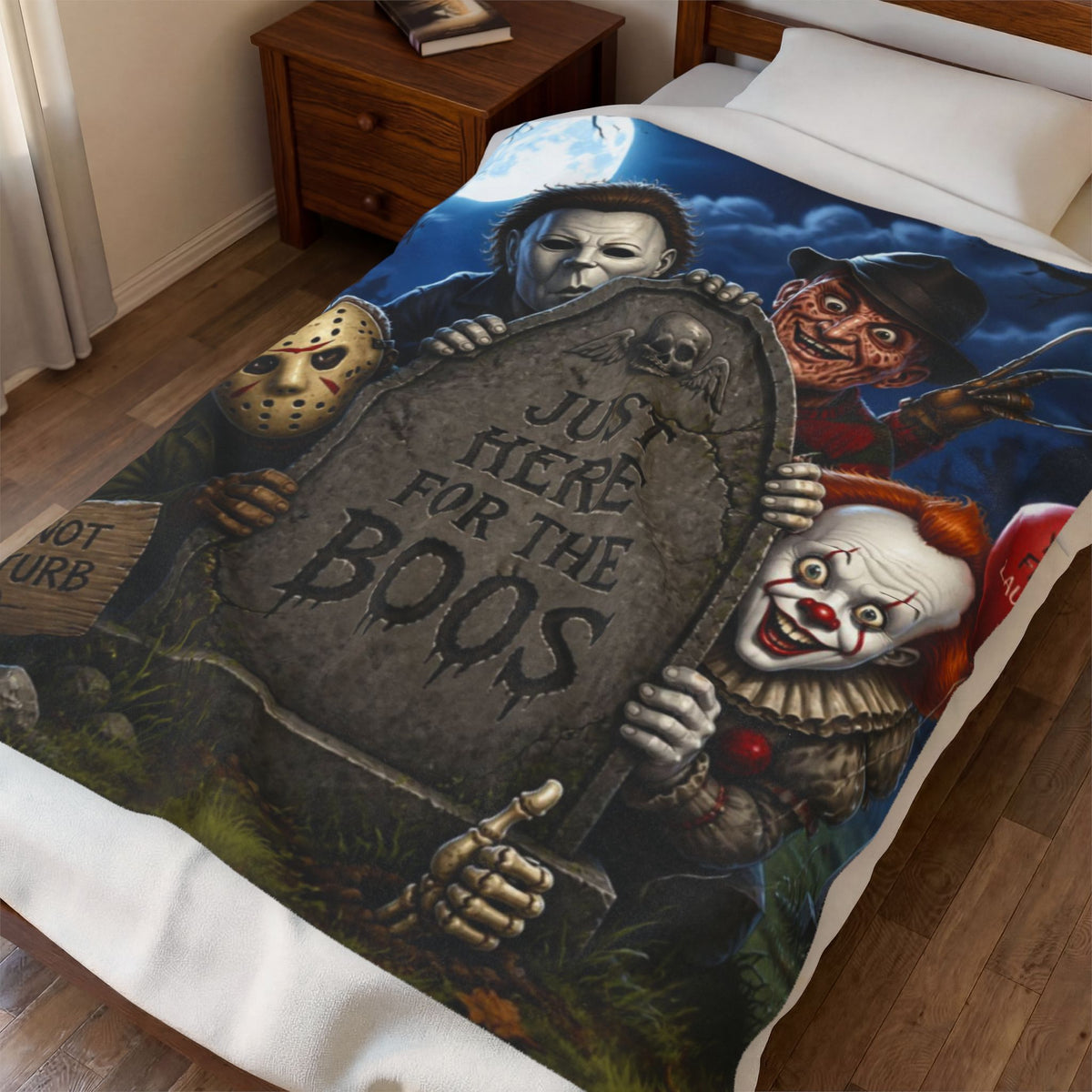 Plush Blanket — "Just Here for the Boos" Halloween Horror Graveyard Print