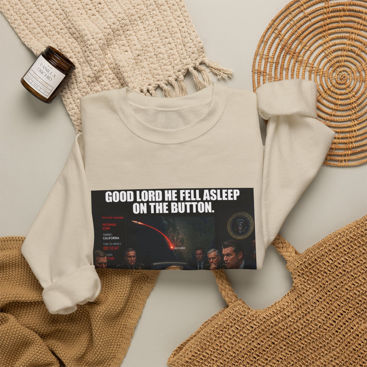 Crewneck Sweatshirt — “Good Lord He Fell Asleep on the Button” Political Meme Design