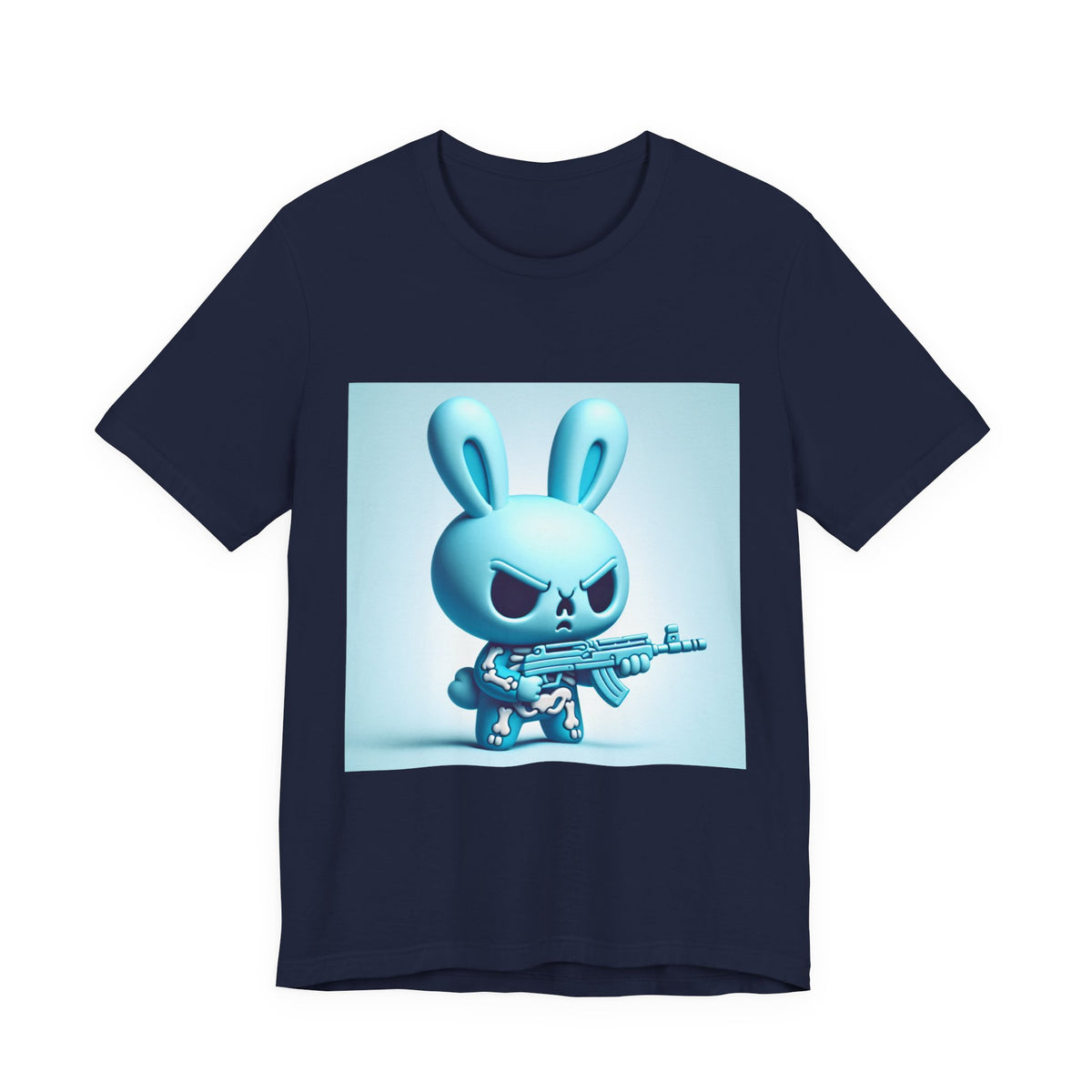 Angry Blue Bunny Tee — Cute Badass Cartoon Bunny with Rifle Graphic T-Shirt
