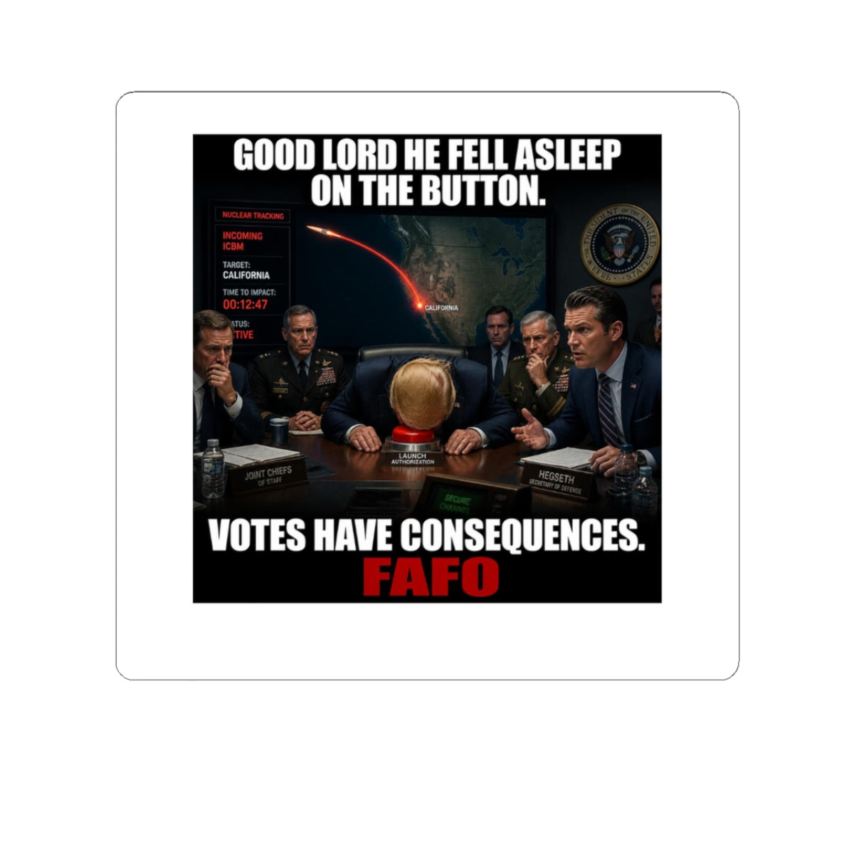 Political Meme Sticker — "Good Lord He Fell Asleep on the Button. Votes Have Consequences. FAFO"