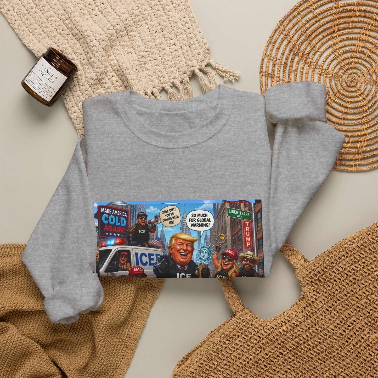 Crewneck Sweatshirt — Satirical ‘ICE F.A.P.O.’ Cartoon Print