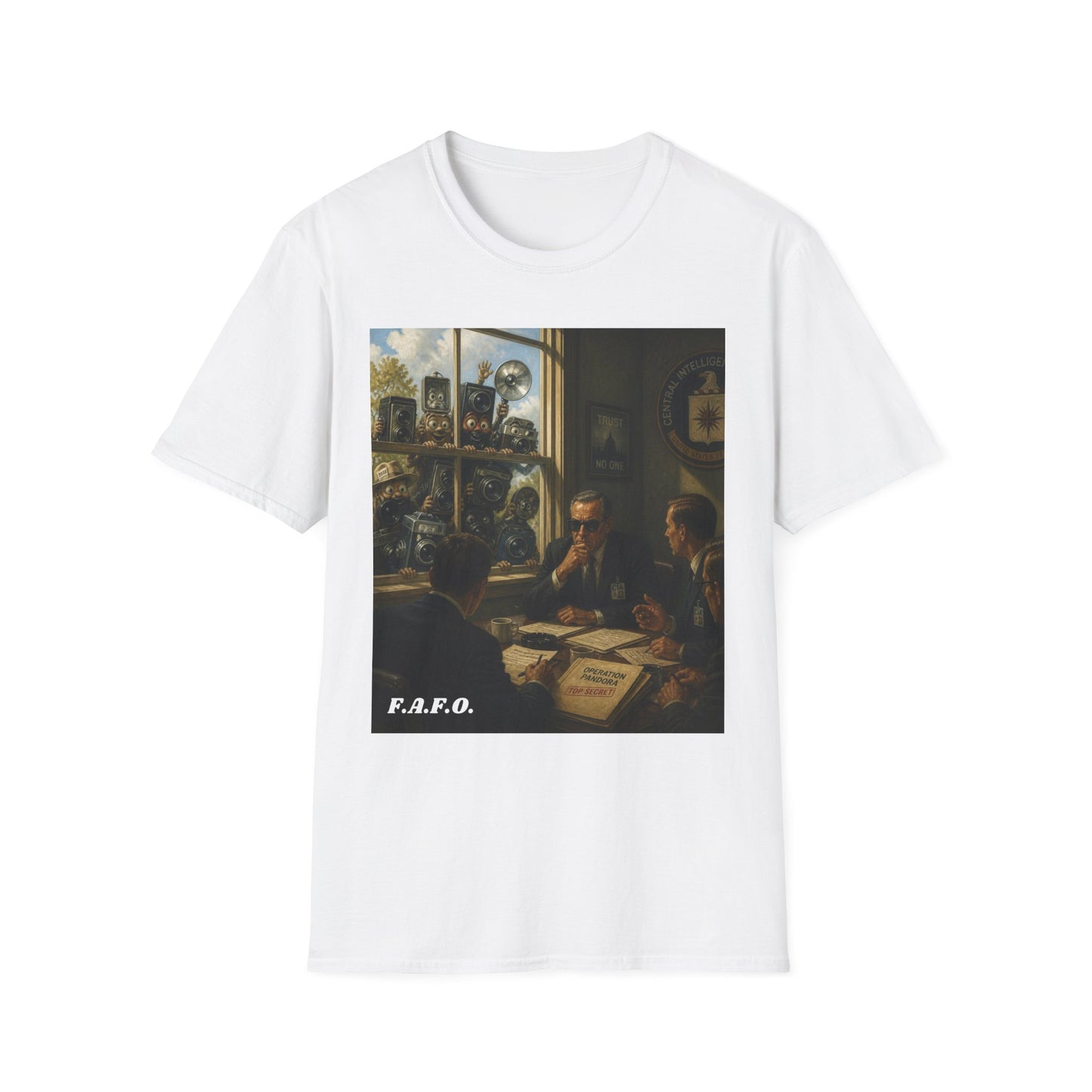 Conspiracy Tee — "Flock Cameras Are Watching" CIA Surveillance Graphic T-Shirt