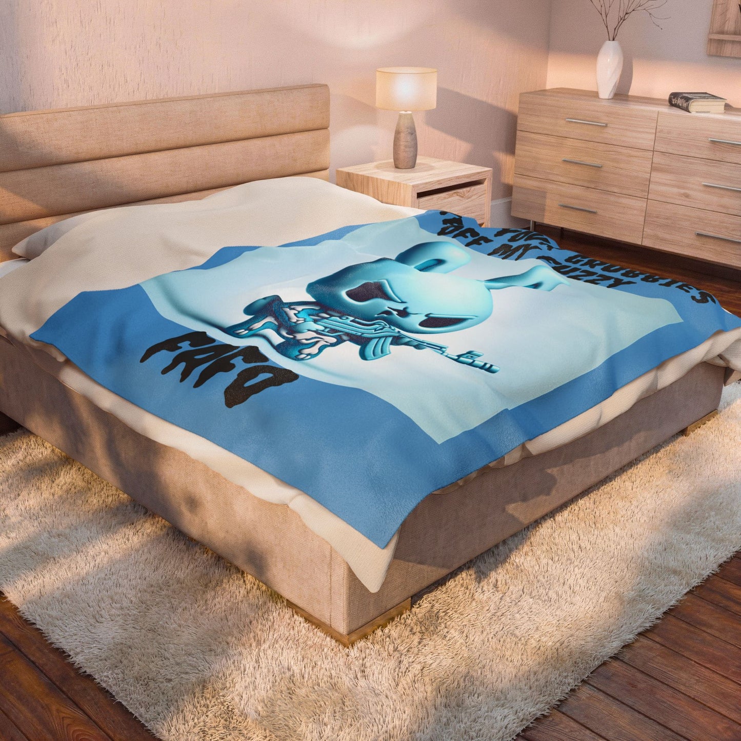 Plush Blanket — "Keep Your Grubbies Off My Fuzzy" Mean Bunny with Gun Graphic