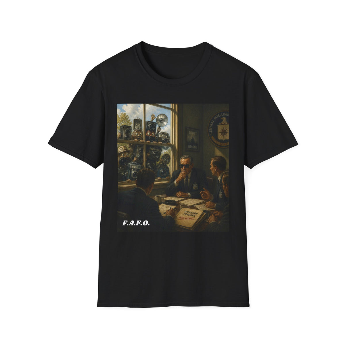 Conspiracy Tee — "Flock Cameras Are Watching" CIA Surveillance Graphic T-Shirt