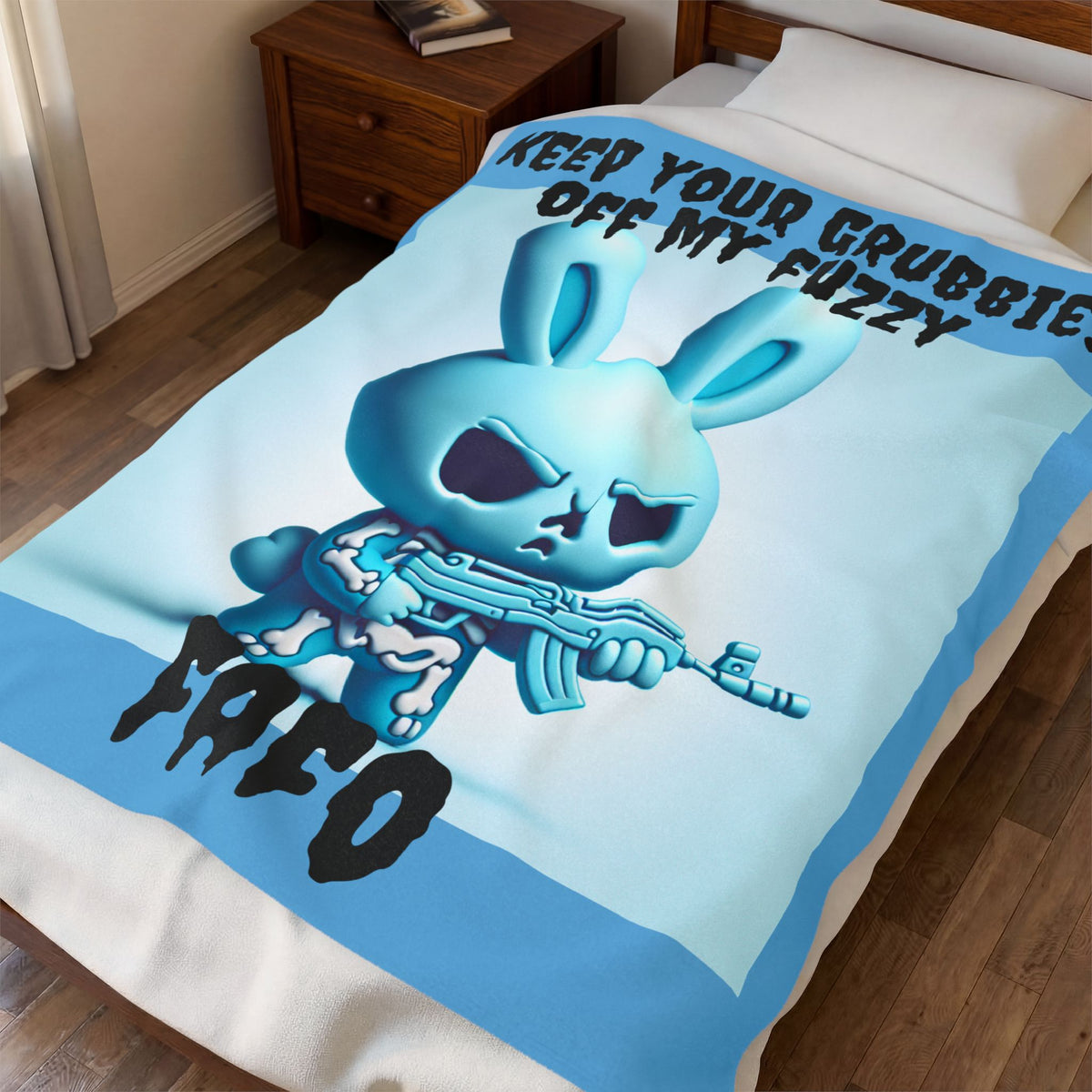 Plush Blanket — "Keep Your Grubbies Off My Fuzzy" Mean Bunny with Gun Graphic