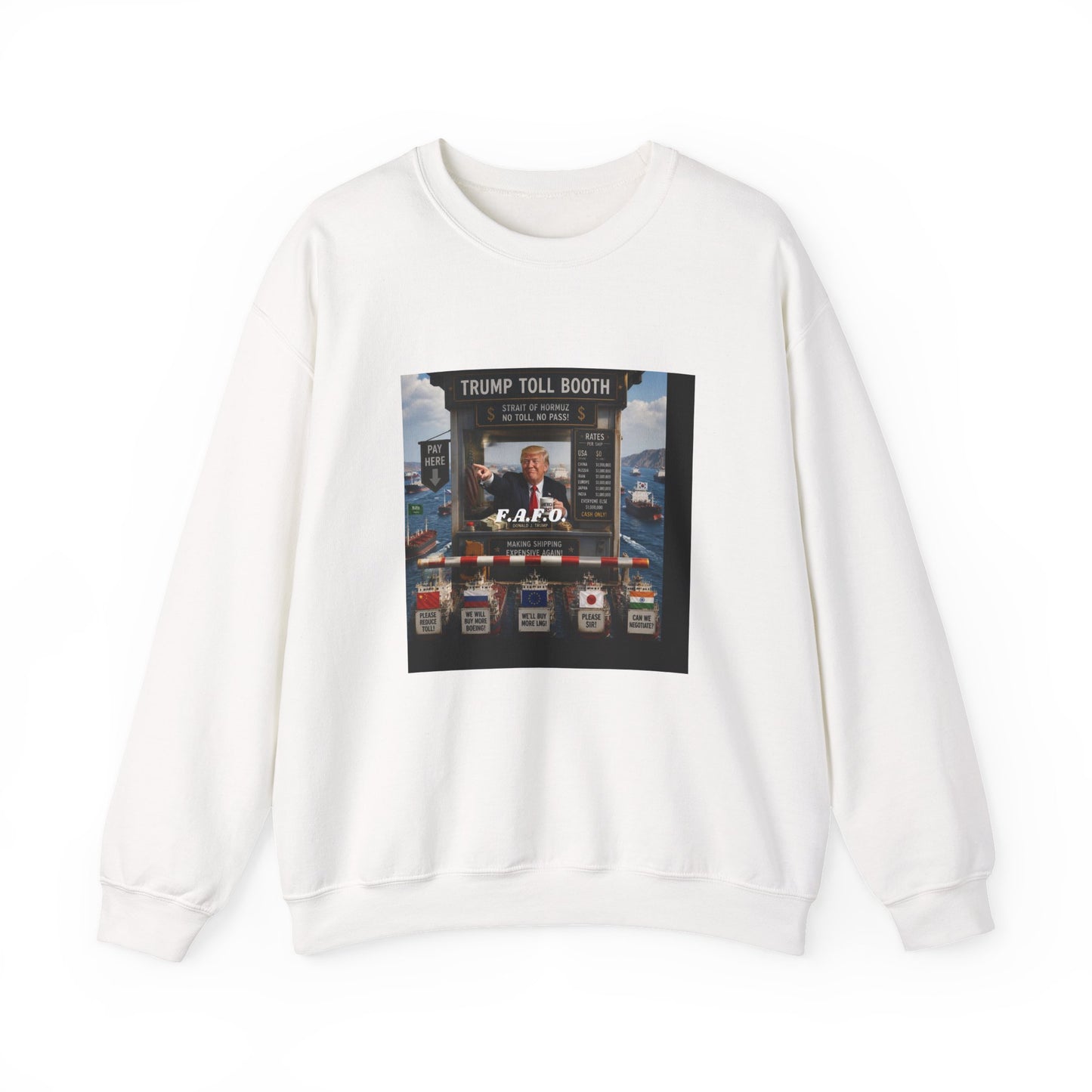 Political Satire Crewneck Sweatshirt — 'Trump Toll Booth' Graphic