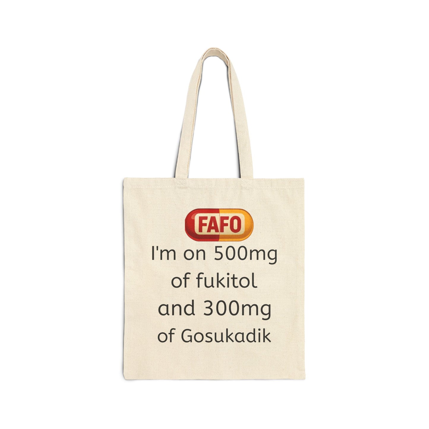 Funny Prescription Tote Bag – “I’m on 500mg of Fukitol and 300mg of Gosukadik” Cotton Canvas Tote
