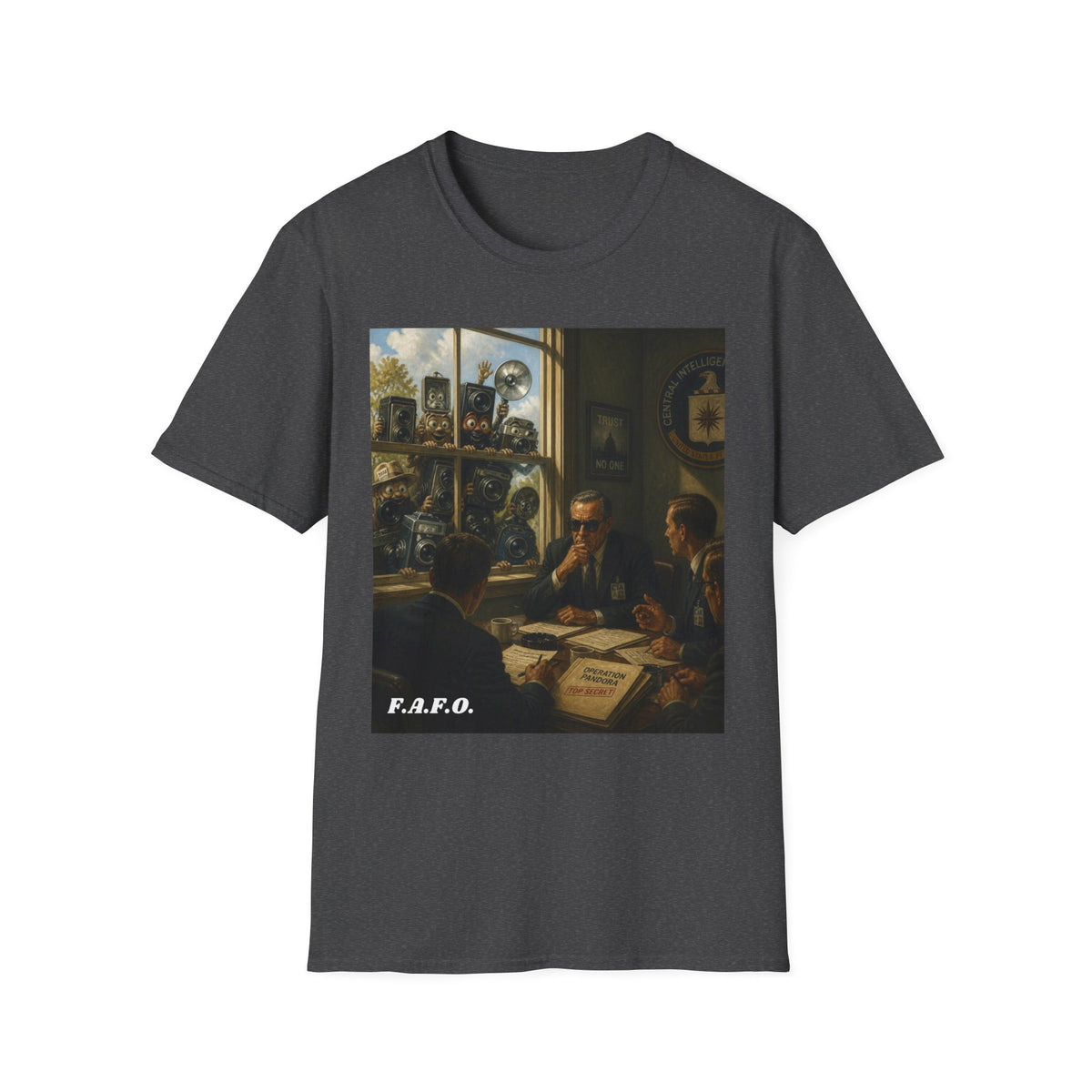 Conspiracy Tee — "Flock Cameras Are Watching" CIA Surveillance Graphic T-Shirt