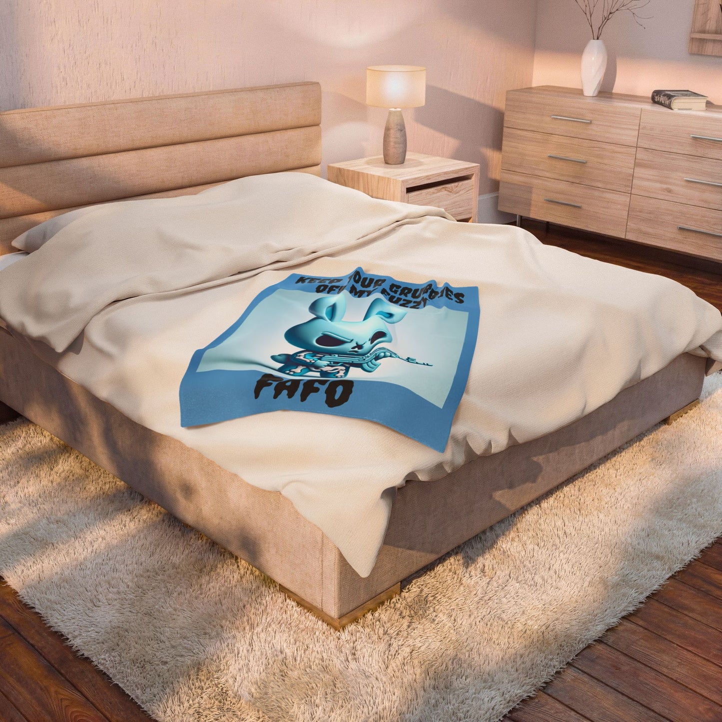 Plush Blanket — "Keep Your Grubbies Off My Fuzzy" Mean Bunny with Gun Graphic