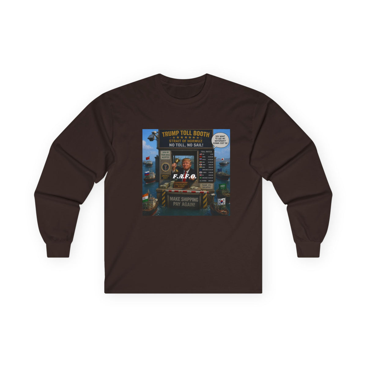 Long Sleeve Tee — Retro Arcade Collage "Trump Toll Booth" Design