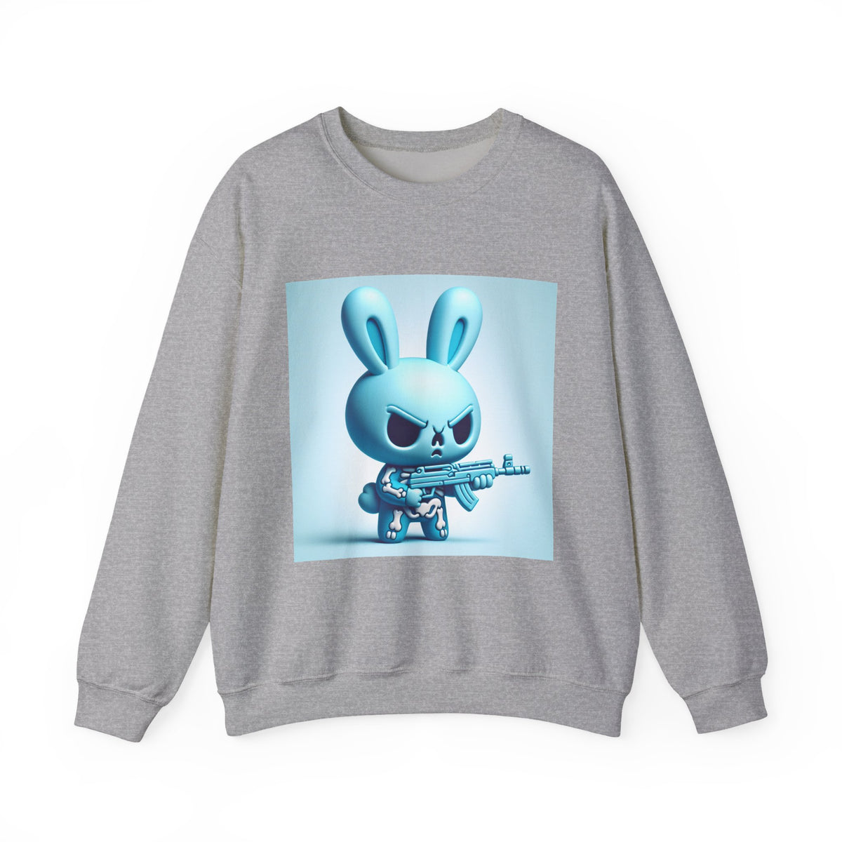 Bunny Soldier Crewneck Sweatshirt — Blue Cartoon Bunny with Rifle (The FAFO Society)