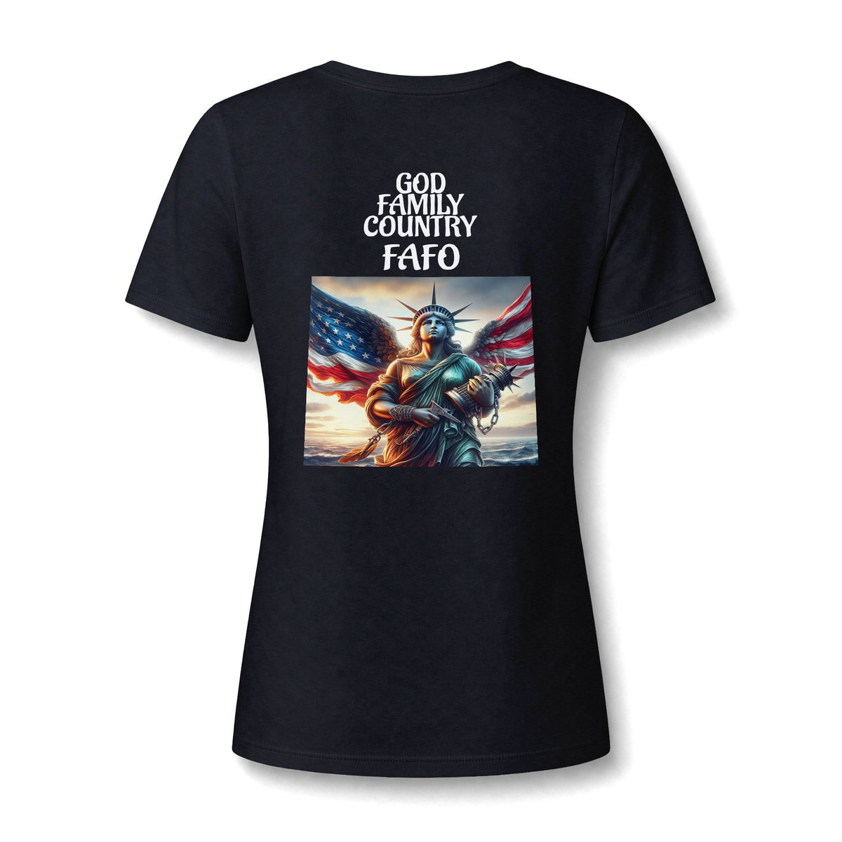 Liberty Statue American Flag V-Neck Tee - Patriotic Women's Graphic T-Shirt