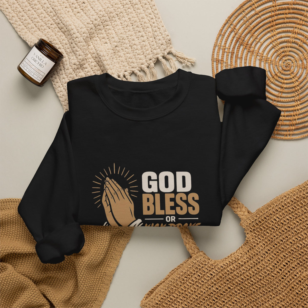 Prayer Hands Crewneck Sweatshirt — "God Bless" Faith Graphic Pullover