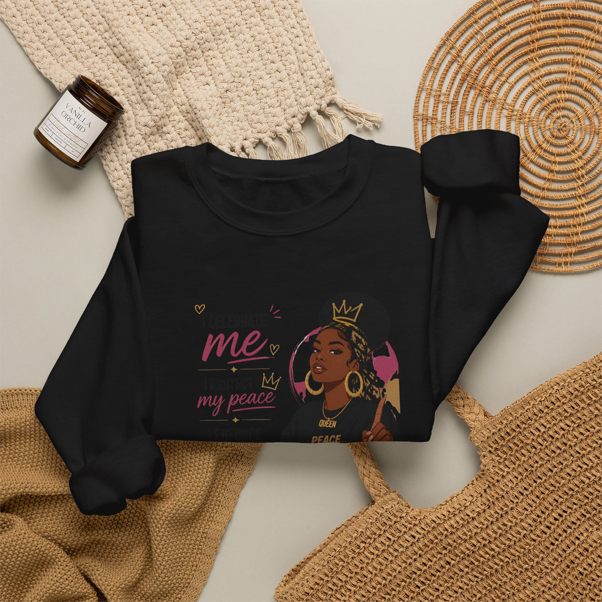 Crewneck Sweatshirt — "I Celebrate Me / I Protect My Peace / I Enforce F AFO — Fuck Around Find Out" Empowered Black Woman Design