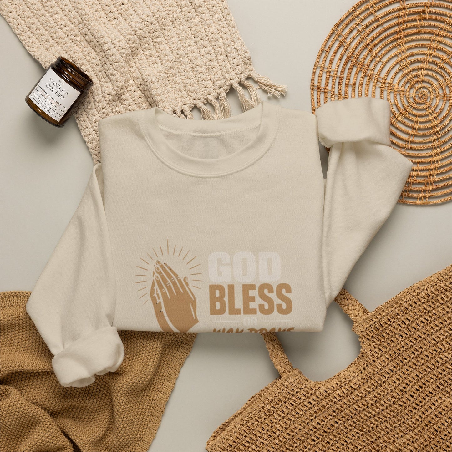 Prayer Hands Crewneck Sweatshirt — "God Bless" Faith Graphic Pullover