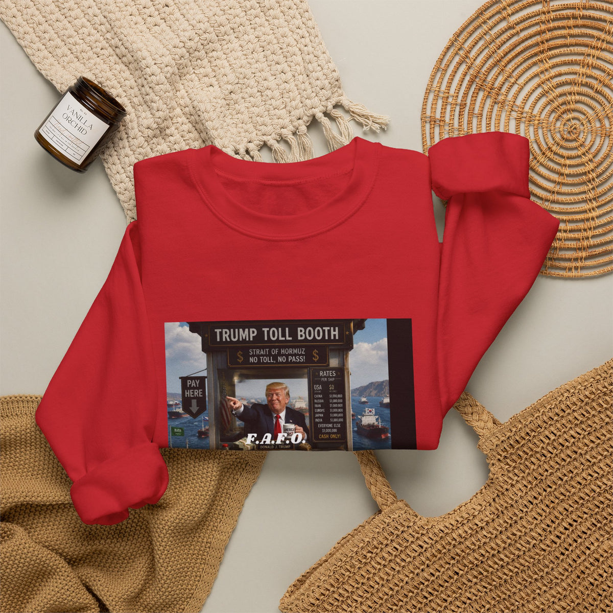Political Satire Crewneck Sweatshirt — 'Trump Toll Booth' Graphic