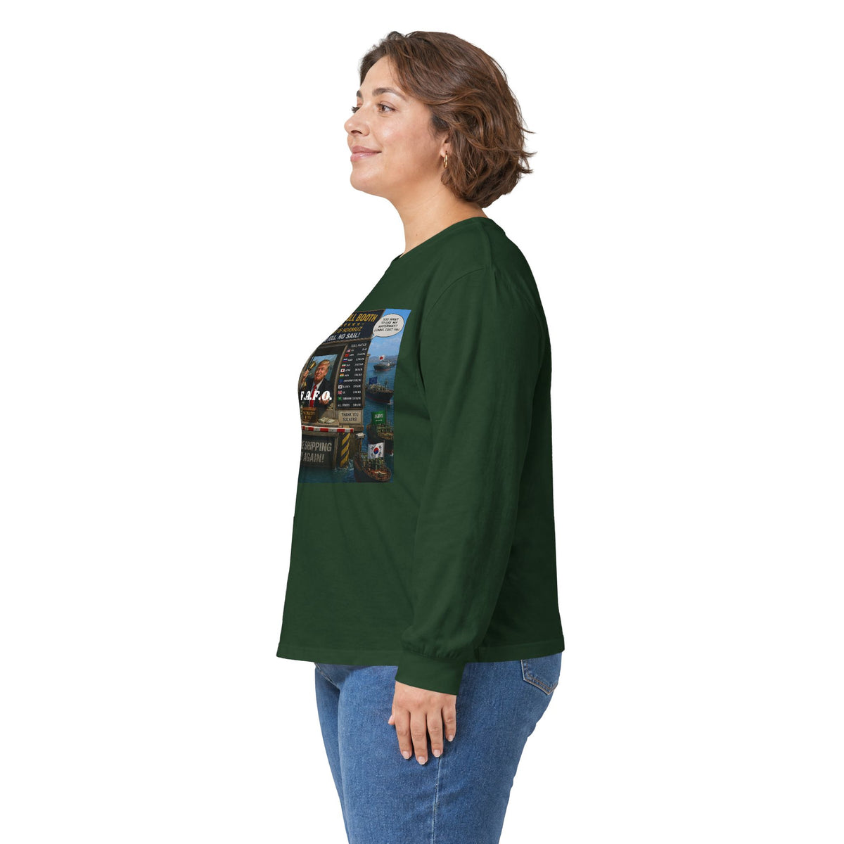 Long Sleeve Tee — Retro Arcade Collage "Trump Toll Booth" Design