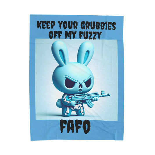 Plush Blanket — "Keep Your Grubbies Off My Fuzzy" Mean Bunny with Gun Graphic
