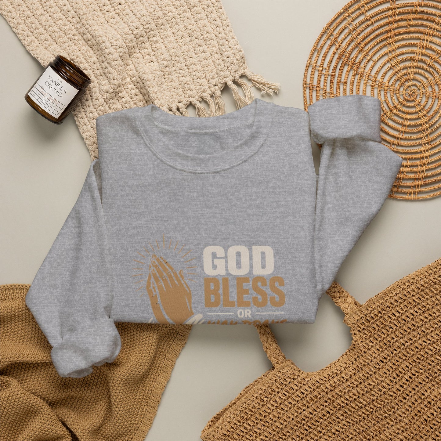 Prayer Hands Crewneck Sweatshirt — "God Bless" Faith Graphic Pullover