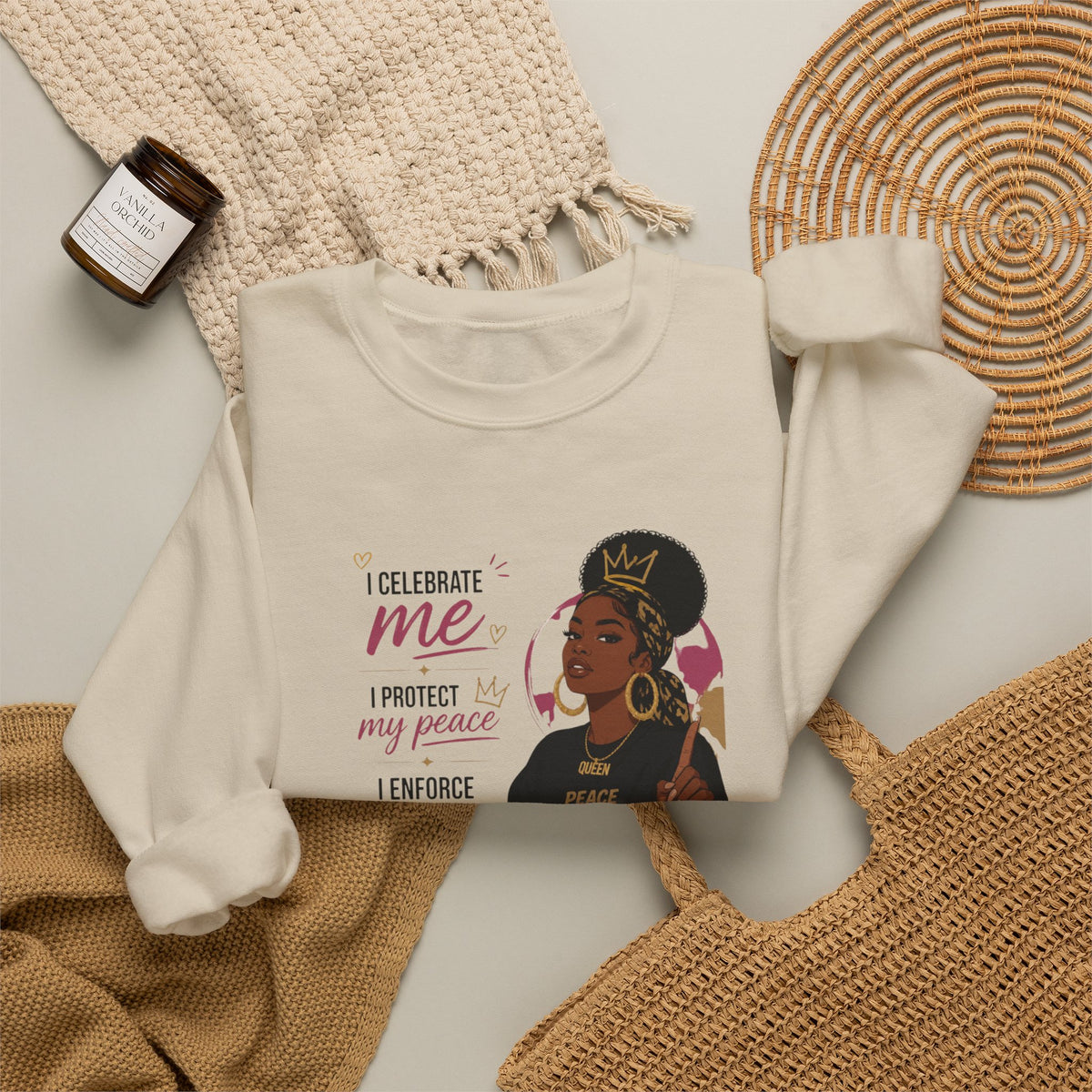 Crewneck Sweatshirt — "I Celebrate Me / I Protect My Peace / I Enforce F AFO — Fuck Around Find Out" Empowered Black Woman Design