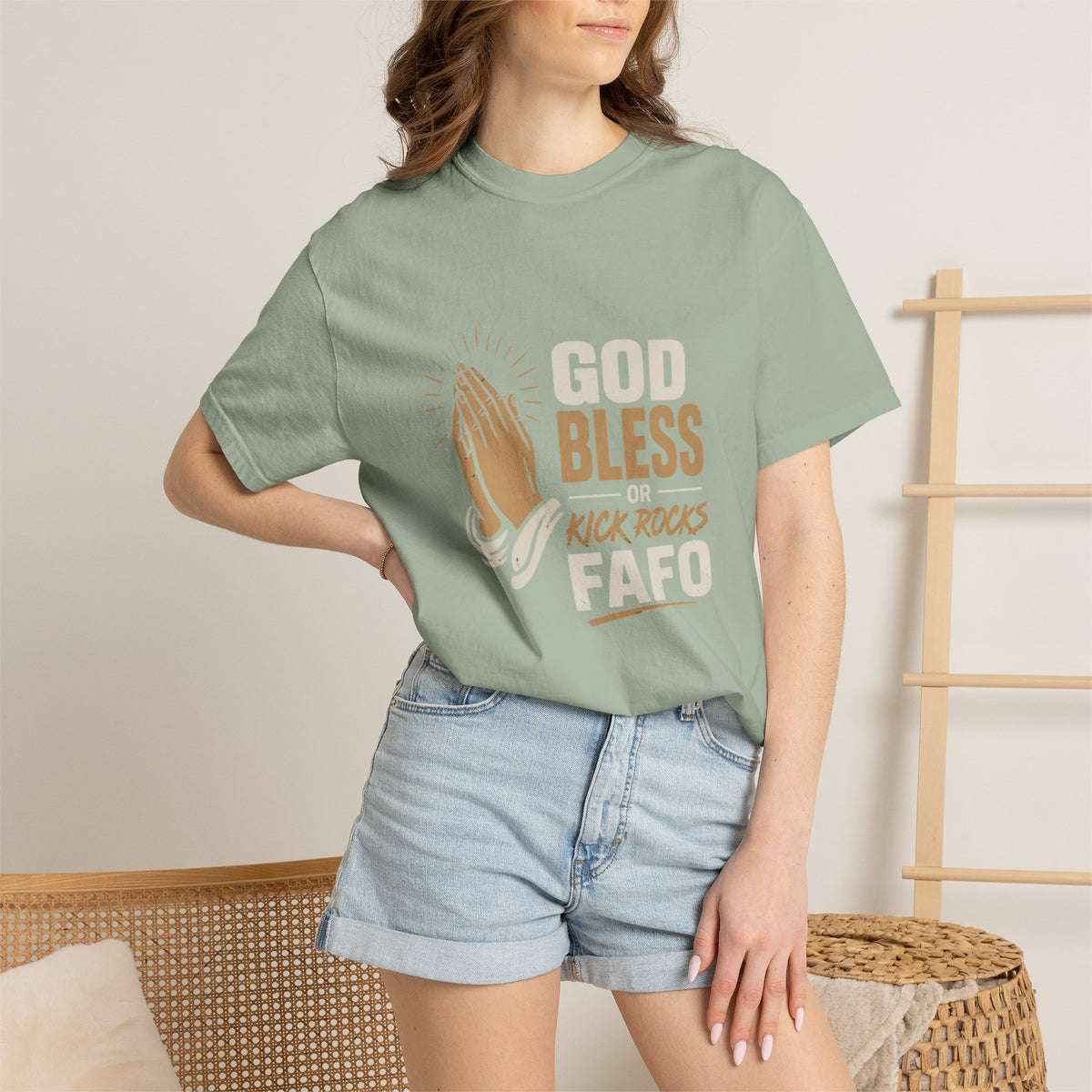Prayer Hands "God Bless Kick Rocks Fafo" T-Shirt