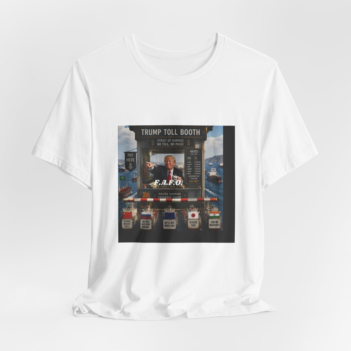 Trump Toll Booth Graphic Tee — Political Satire Short Sleeve Shirt
