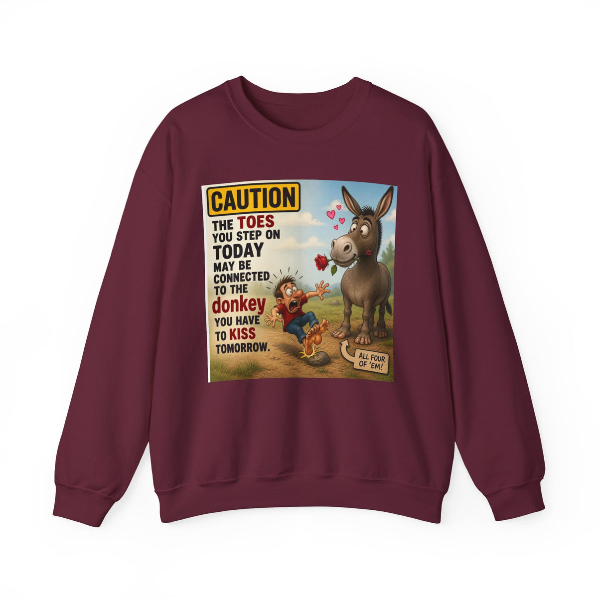 Donkey Kiss Warning Crewneck Sweatshirt — Funny Farm Animal Graphic