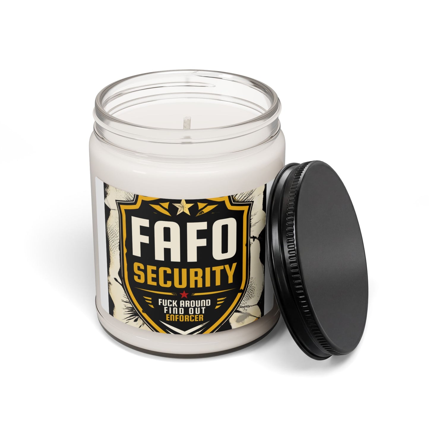 FAFO Security 9oz Scented Soy Candle — Novelty 'Fuck Around Find Out' Badge Candle