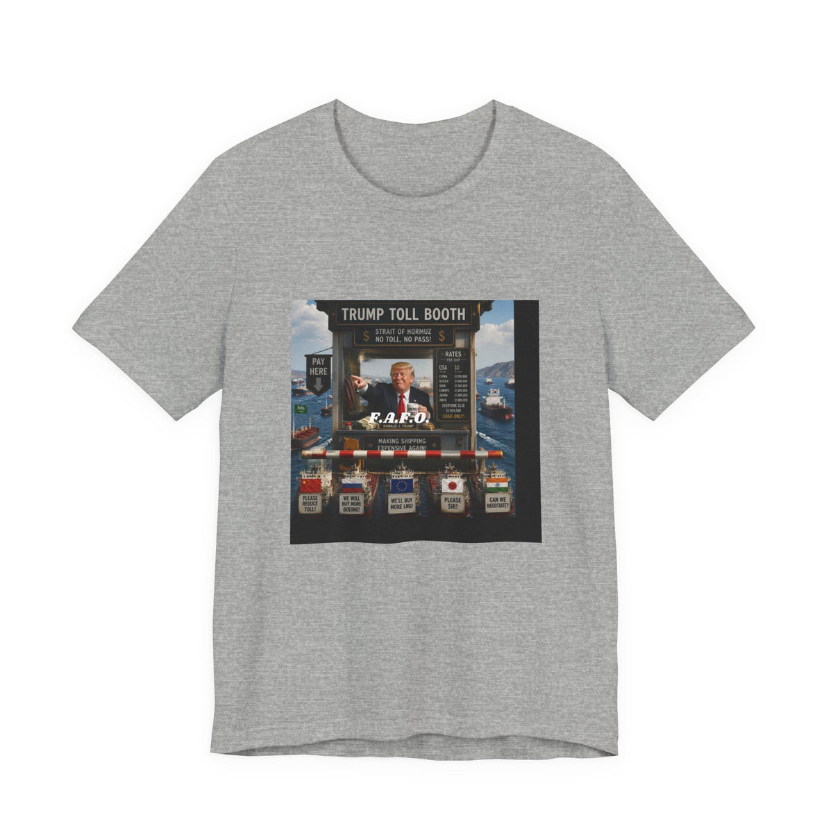 Trump Toll Booth Graphic Tee — Political Satire Short Sleeve Shirt