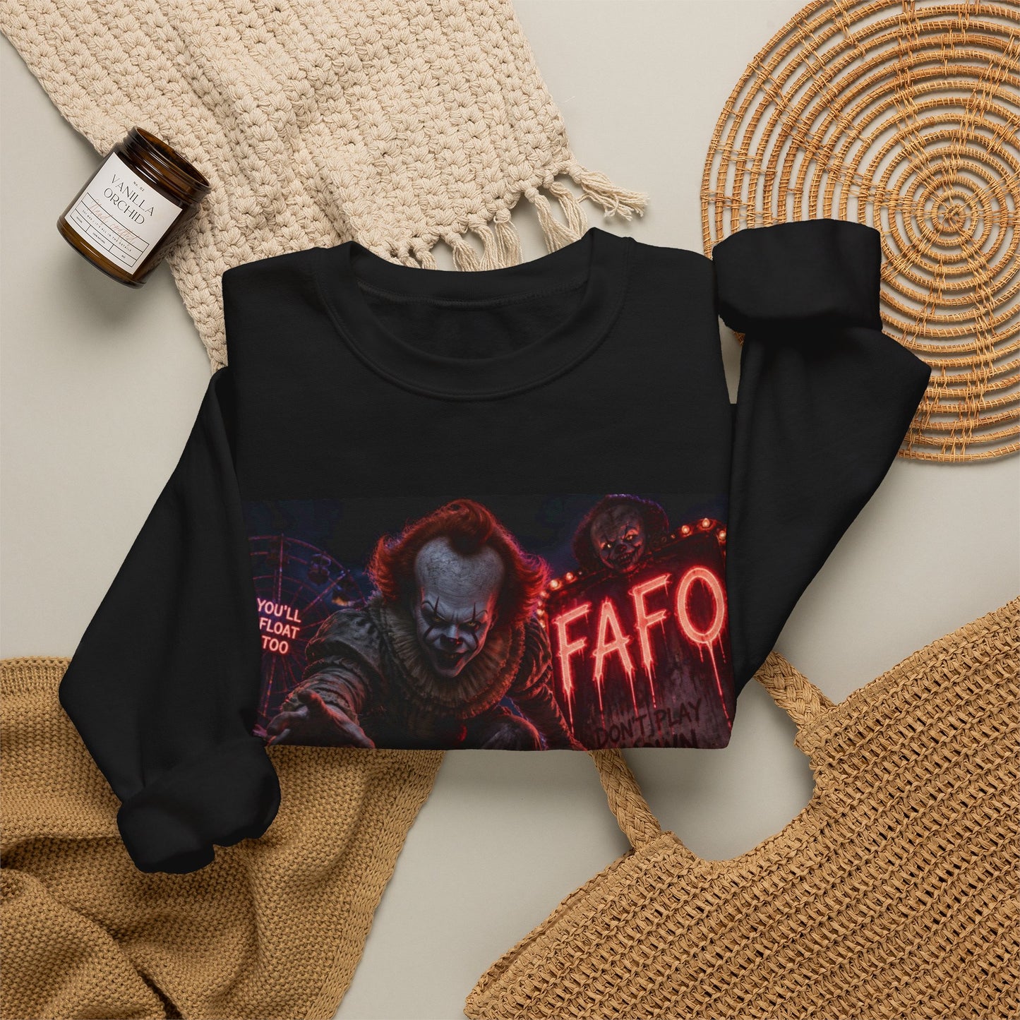 Horror Clown Crewneck Sweatshirt – Neon Carnival Pennywise Design